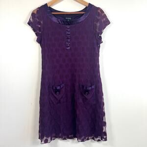En Focus Polka Dot Mesh Lace Overlay Pocket Shift Dress Y2K Plum Purple Size 10